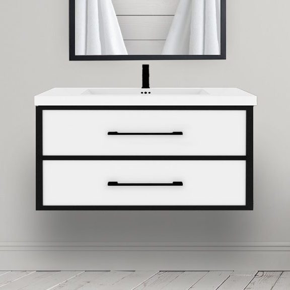 white High Line vanity with a black framed AFINA Mirror above it.